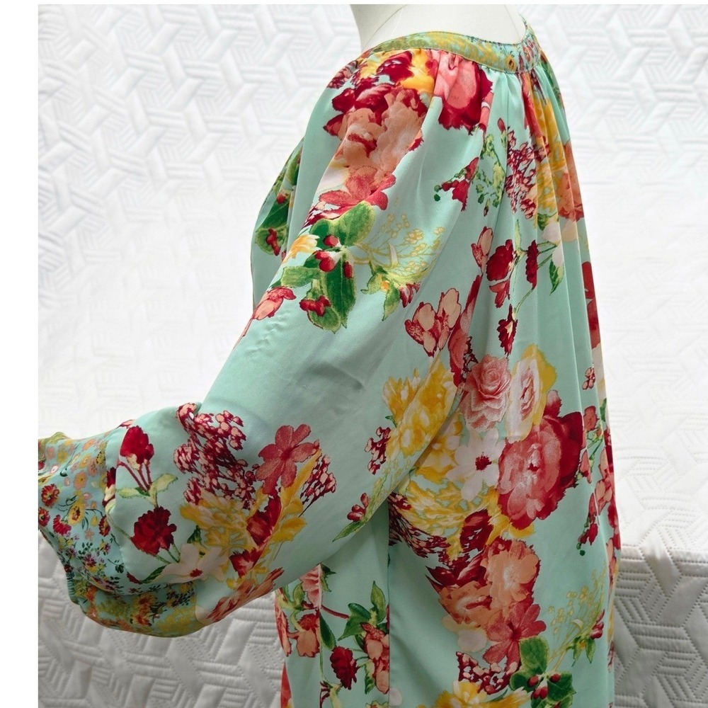 Valerie Stevens Blouse Floral Boho WomenXL Mint Green Mixed Print Balloon Sleeve - Picture 4 of 8